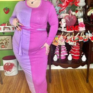 Pink & purple sexy sheer colorblock body con longsleeve plus size maxi dress